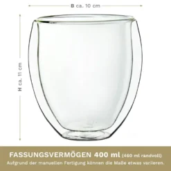 Creano Doppelwandige Gläser 400ml „DG-Bauchig“, 4er Set, Großes Thermoglas Doppelwandig Aus Borosilikatglas, Kaffeegläser, Teegläser, Latte Gläser, Doppelwandgläser -Weinglas Serien Geschäft 6713768c3f9df55ff14b28dda084d8dc