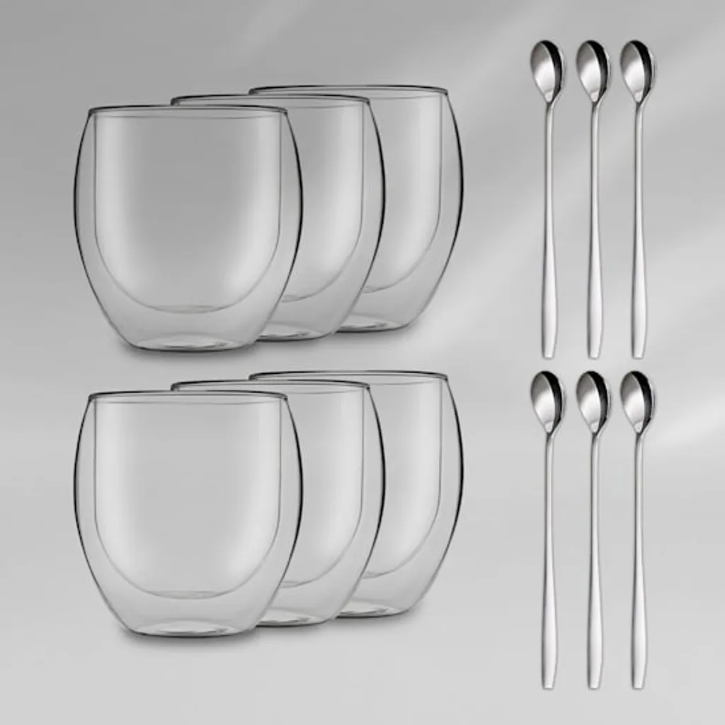 DUOS 6X 410ml Jumbo Doppelwandige Thermo-Gläser + 6X Edelstahl-LÖFFEL, Für Latte Macchiato, Cocktails, Vorspeisen By Feelino